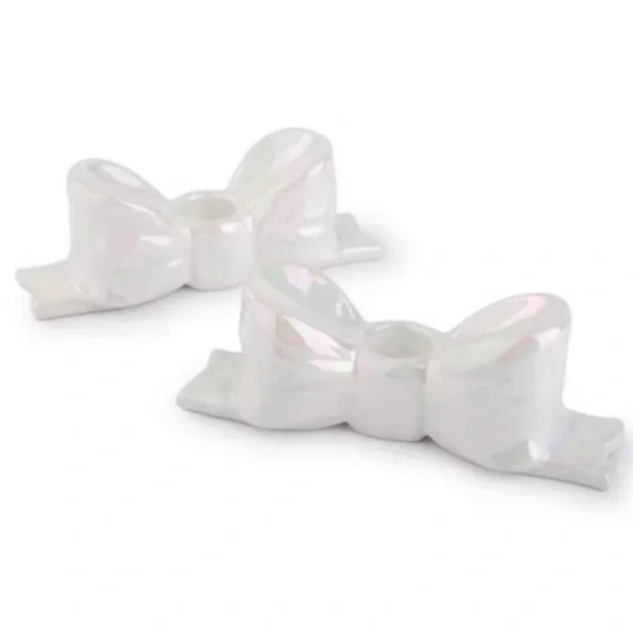 New! Set of 2 Bow Candle Taper Holders, Ceramic White Iridescent