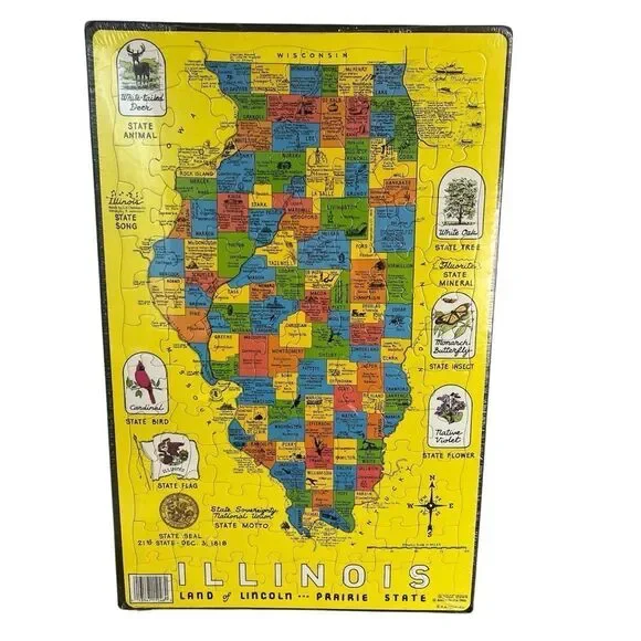 Vintage Austin Peirce 1986 State of Illinois Jigsaw Puzzle Map Puzzlin' State