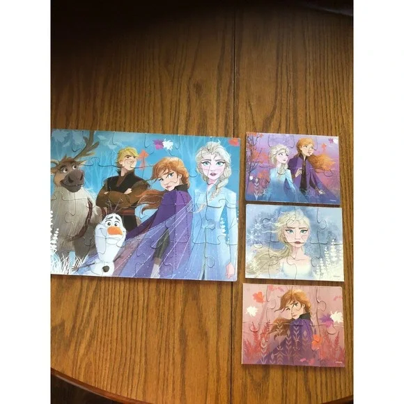 Disney Frozen II 5 WOODEN PUZZLES w/WOOD Storage BOX