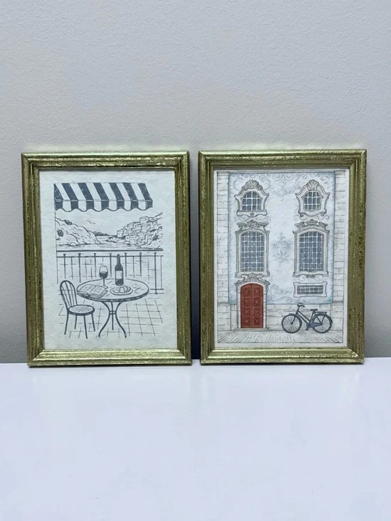 Set of Two Gold-Framed Art Prints - Café Patio and Townhouse Scenes, New!