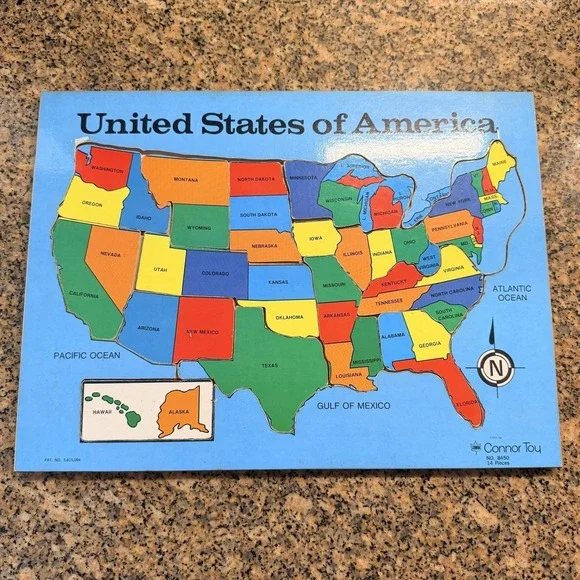 Vintage 1971 Connor Toy United States Map Wood Tray Puzzle 14 Piece Multicolor