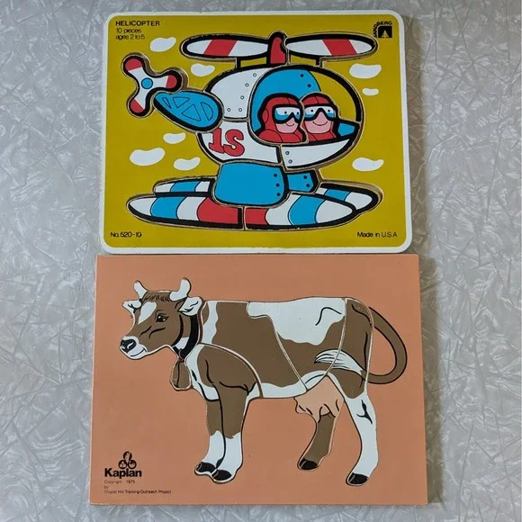 Vintage 70s 80s Wooden Tray Puzzles Kaplan Cow Sandberg Helicopter Set of 2