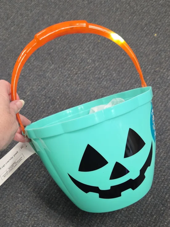 Light Up Handle HALLOWEEN BUCKET 1CT Pale Green & Orange Handle