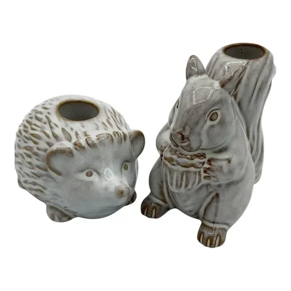Hedgehog and squirrel taper candle holder ceramic distressed farmhouse Fall home