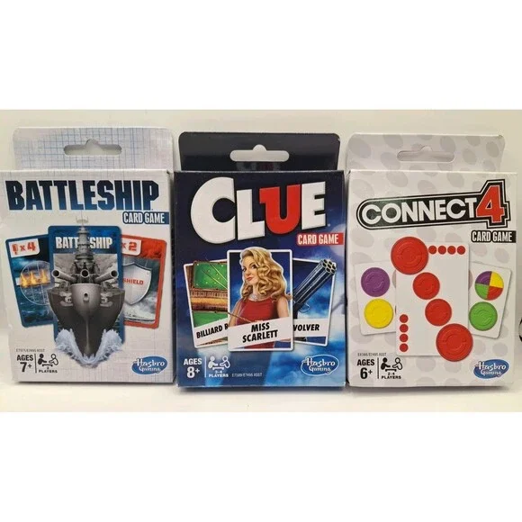 Hasbro Card Games Lot Of 3 Connect 4, Battleship, & Clue Kids Games