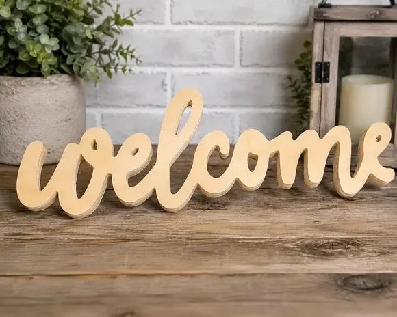 Target DIY wooden word decor. natural wood. cursive “Welcome”. paint ready.