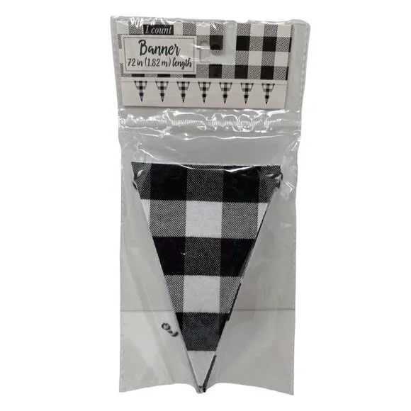 Black White Buffalo Plaid Banner 72in Checkered Triangle Garland Farmhouse Decor