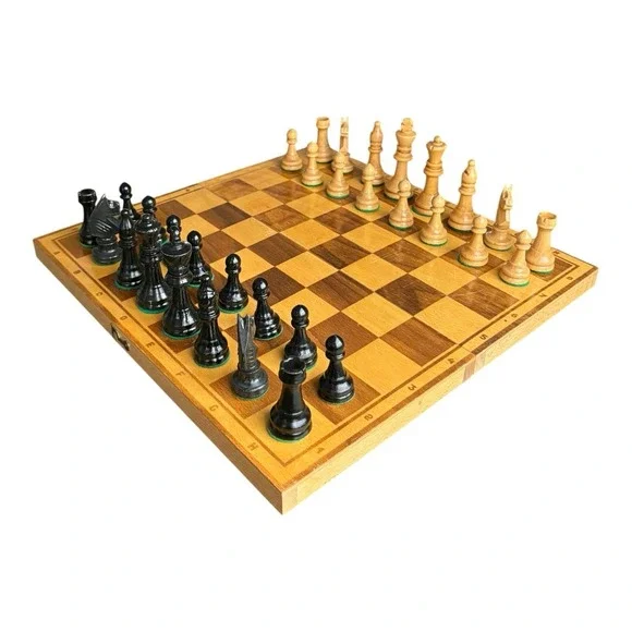 Folding Chess Set Hand Carved Pieces Storage Compartment Metal Latch