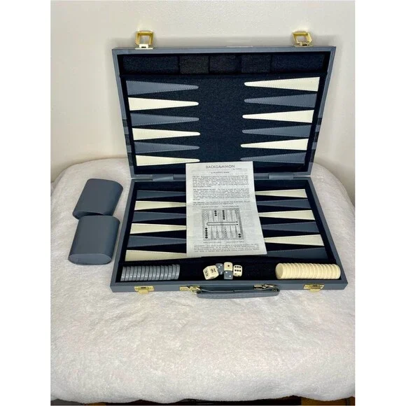 Cardinal Backgammon Game Vintage Faux Leather Travel Case Complete Gray Ivory