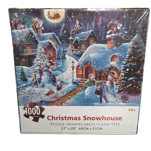 Lzbabyily Christmas Snowhouse 1000 Piece Puzzle Winter Village Santa Blue Scene
