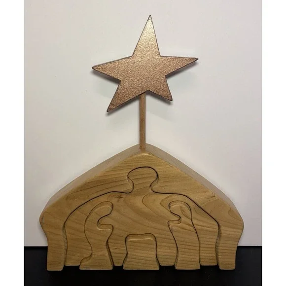 Wooden Handmade Nativity Manger Stable Scene Puzzle Mary Joseph‎ Baby Jesus