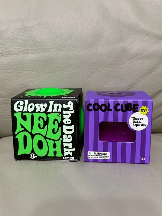 NEW NeeDoh Glow In The Dark GREEN Squishy Stress Ball & J’adore Purple Cool Cube