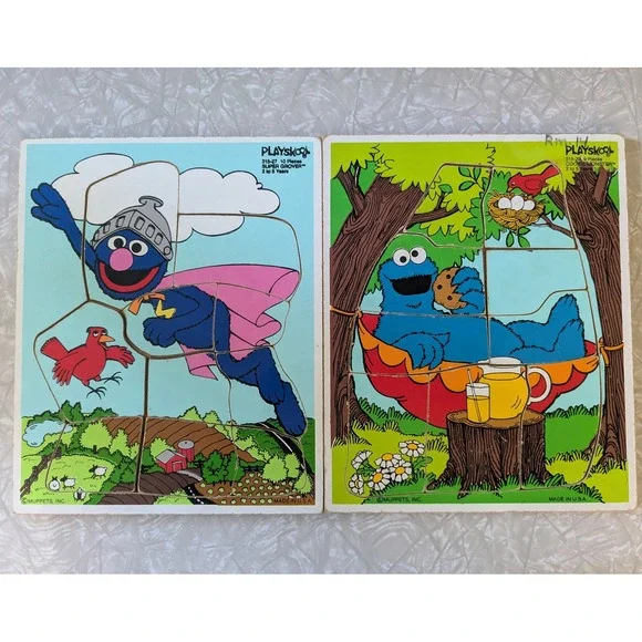 Vintage 80s Playskool Sesame Street Wooden Puzzles Super Grover & Cookie Monster
