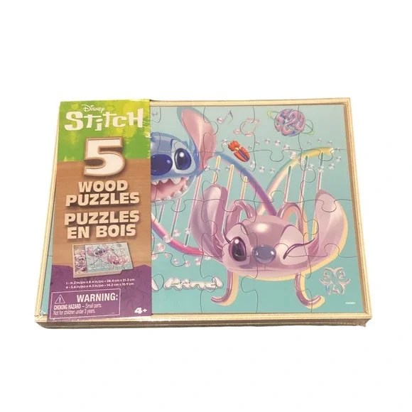 Disney Stitch 5 Wood Puzzles Set with Storage Tray Lilo‎ & Stitch Angel Kids Toy