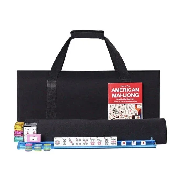 166 Black American Printed Mahjong Game Set with Carrying Bag and Accessories,1.