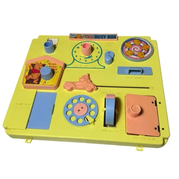 Vintage 1970's Sears Winnie The Pooh Activity Center Busy Box Baby Toy Yellow