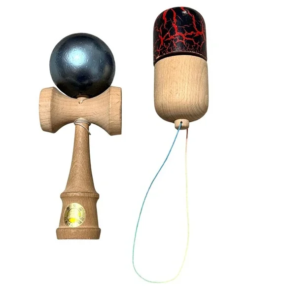 Wooden Kendama Skill Toy Lot of 2 Japanese Cup Ball Game Black Red Crackle