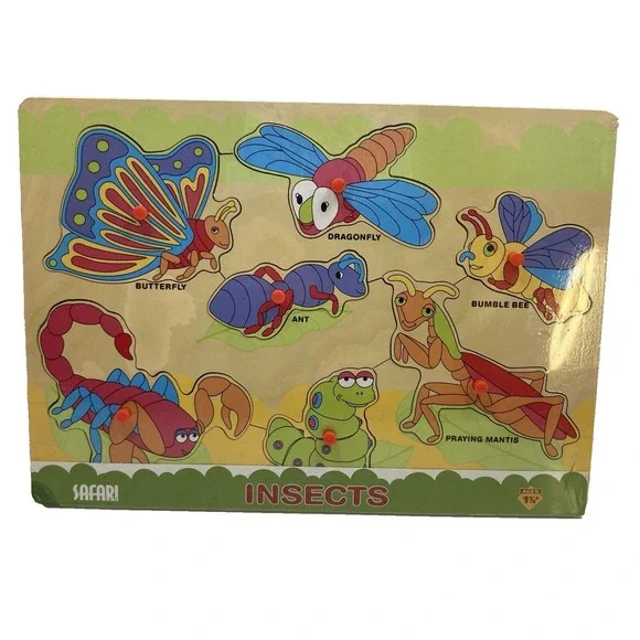 New Safari Insect‎ Wooden Chunky 7 Piece Toddler Puzzle With Pegs 11.75