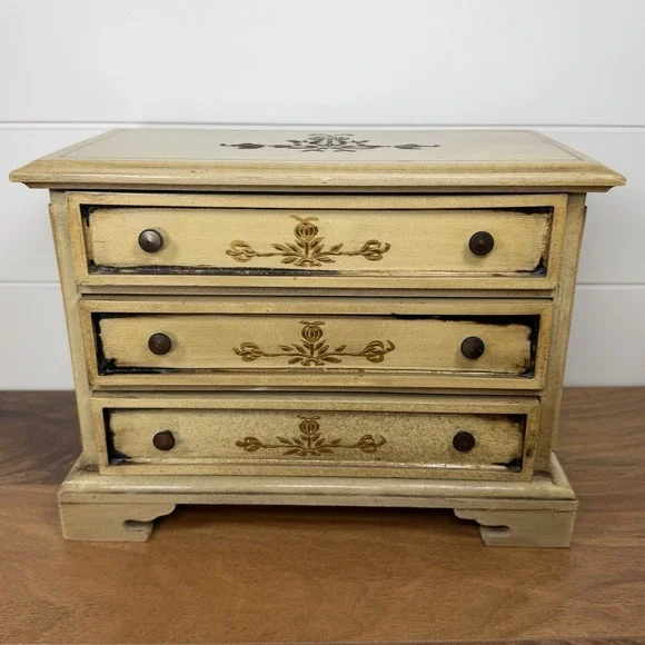 VTG Wooden Florentine Music Box Jewelry Trinket 3 Drawers MCM Japan Cottagecore