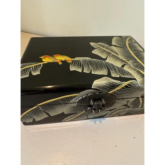 Vintage Black Lacquer Jewelry Box | Chinoiserie Banana Leaf Bird Design, Silk