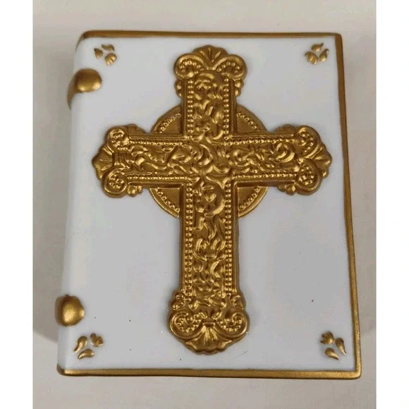 JCM Vintage Bible Shaped Porcelain Trinket Box Gold Cross Trim Religious Jewelry