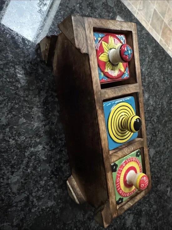 Handcrafted Wood Three-Drawer Jewelry Organizer with Colorful Ceramic Drawers