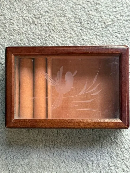 Vintage Wooden Jewelry Box with Etched Glass Bird !