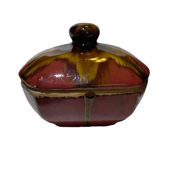 Drip Glazed Pottery Bowl Large 9.5x4 Brown Trinket Jewelry Holder Ribbed &‎ Lid