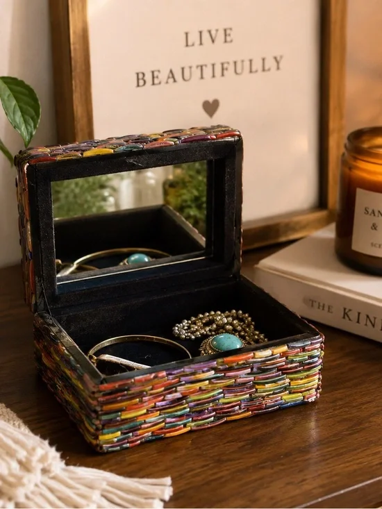 Handcrafted Broken Bangle Jewelry Box Mirrored Trinket Box Mosaic India Decor