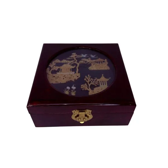 Vtg Chinese Diorama Lacquered Jewelry‎ Box with Inlaid Scene Red Silk Interior