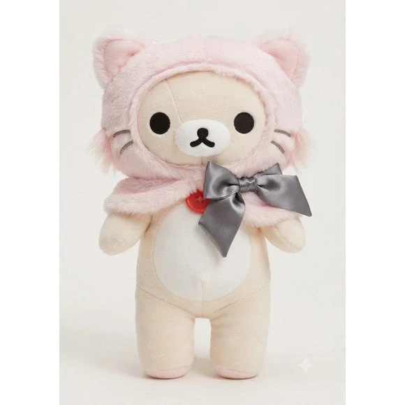 Rare! San-X Korilakkuma Plush Pink Cat Hoodie Costume Satin Bow Kawaii Bear Toy