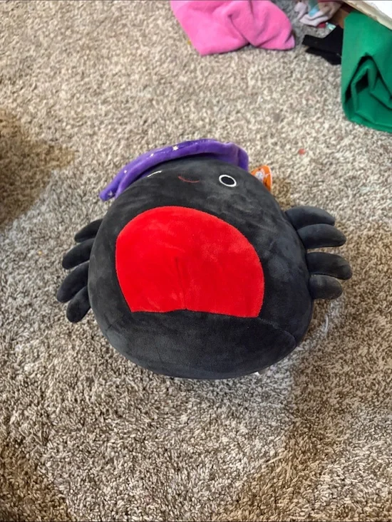 Squishmallows Black Crab with Red Belly and Purple Hat
