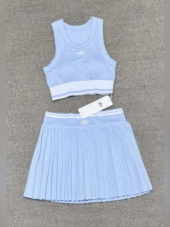 ALO Yoga Light Blue Tank Top and Pleated Skirt Set