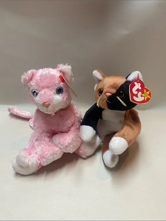 TY Plush Cat Duo - Pink Cat and Calico Cat Stuffed Animals lot of 2