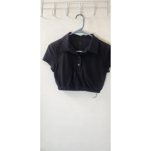 Alo Yoga Women Black Cropped Polo Shirt Elastic Hem‎ Short Sleeve XS