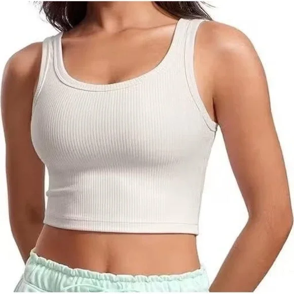 Alo Tank Top Womens Size S White Excellent Ribbed Cropped Racerback Scoop Neck