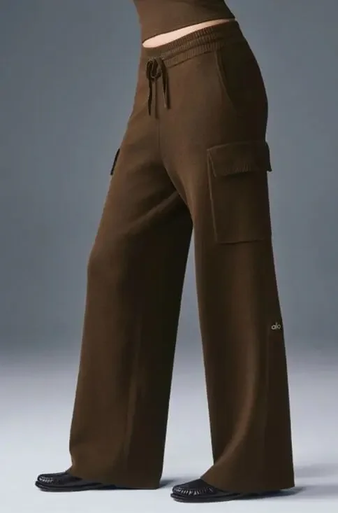 Alo Yoga Pants Small Scholar Knit High Waist Cargo Wide Leg Brown Relaxed Chic