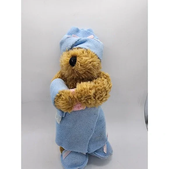 Vintage Plush Teddy Bear in Blue Spa Bath Robe with Towel Wrap and Slippers 11