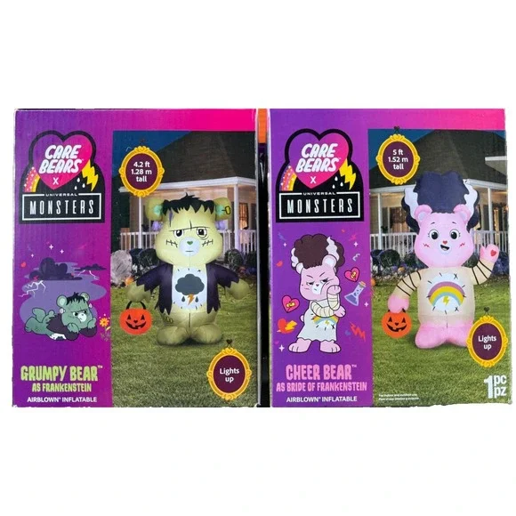 Care Bears x Monsters Grumpy BEAR FRANKENSTEIN & CHEER BEAR BRIDE SET OF 2 NEW!