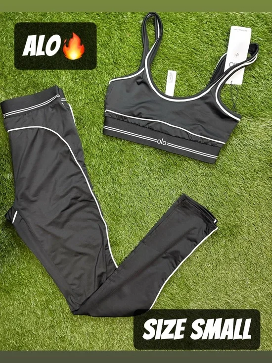 ALO Yoga Black Legging & Sports Bra Set with White Piping