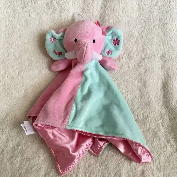 Okie Dokie Elephant Hugs 14” Lovey Rattle Pink Teal Security Blanket Baby Soft