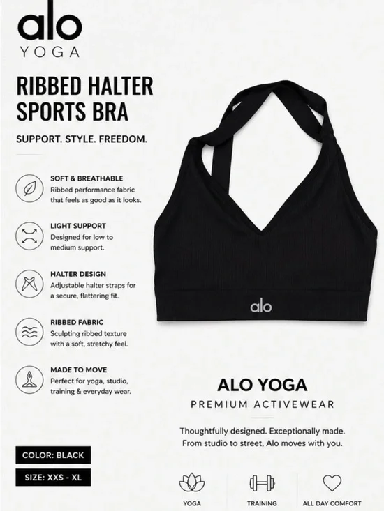 ALO Yoga Ribbed Halter Sports Bra - Black