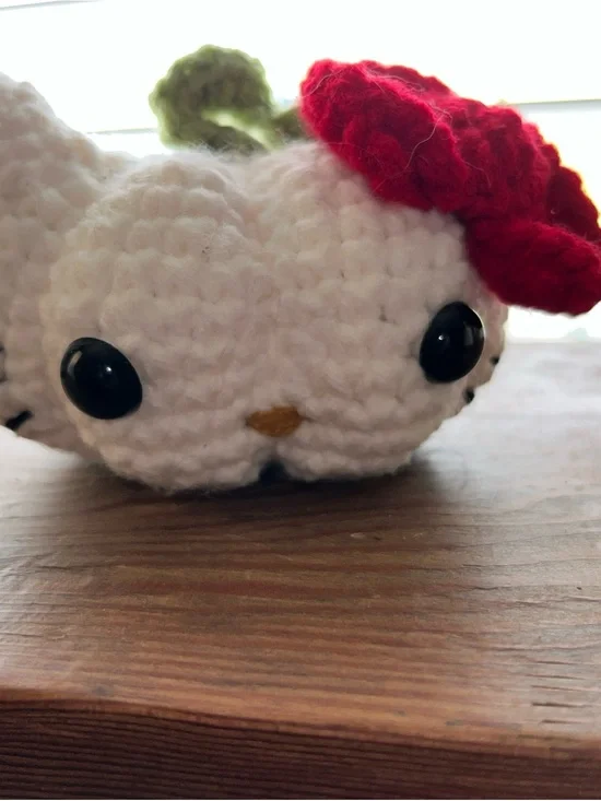 Handmade White Crochet Cat Plush with Red Flower