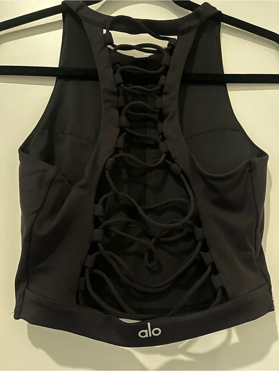 ALO Yoga Black Strappy Lace-Back Sports Bra