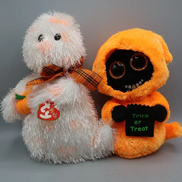 TY Beanie Buddy Punkies Halloween Ghost Shriekers & Grinner Orange 10 in Lot Set