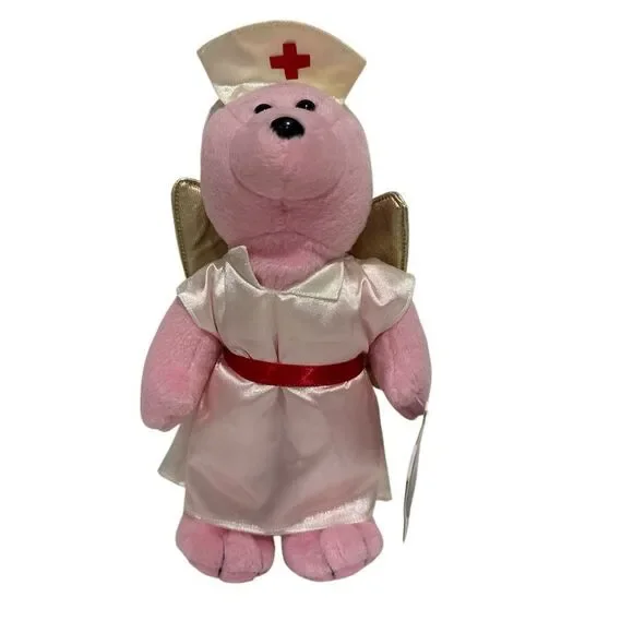 Pink Nurse Bear Plush with Gold Wings NWT