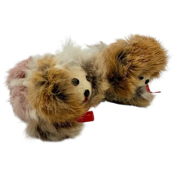 Vintage Real Fur Dogs Figurines Brown Pink‎ White Miniature Set of 2