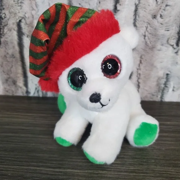 Ty Beanie Boos Paxton Polar Bear Plush, Striped Glitter‎ Santa Hat Christmas Toy