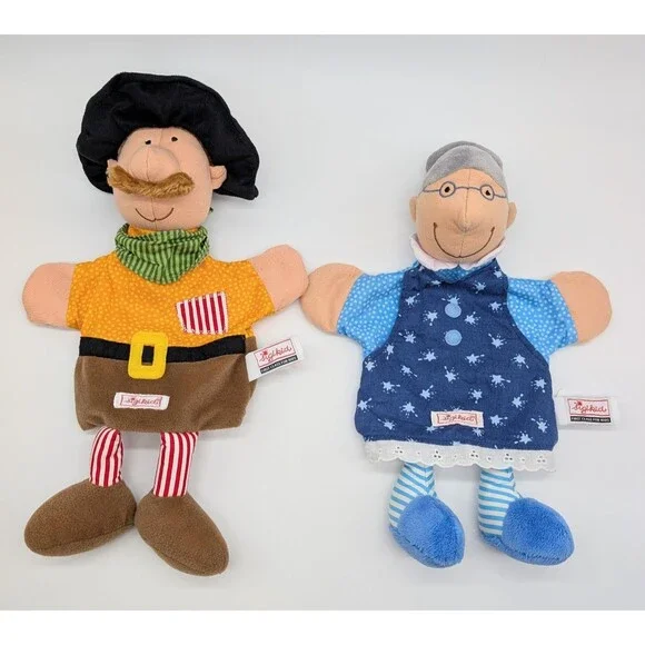 Set Of 2 Sigikid Germany Plush Hand Puppets Man Old Woman Grandma Toys