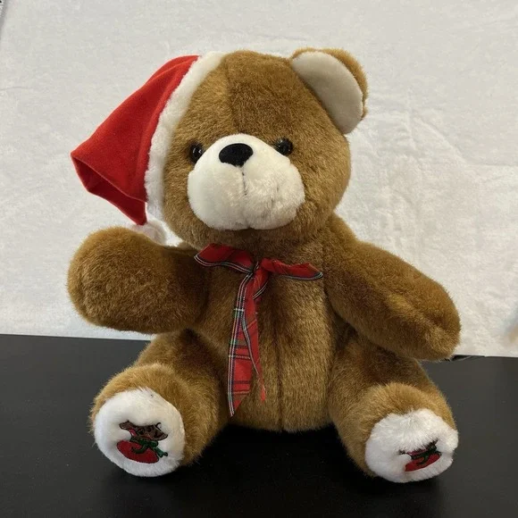Goffa Santa Teddy Bear Plush Brown Plaid Ribbon Stuffed Animal Christmas VTG